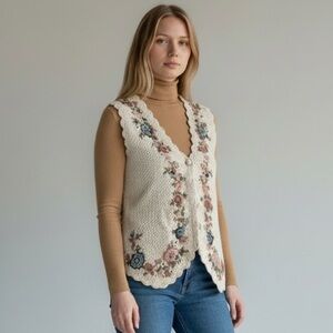 Vintage “One Step Up” Cream Knit Floral Embroidered Vest